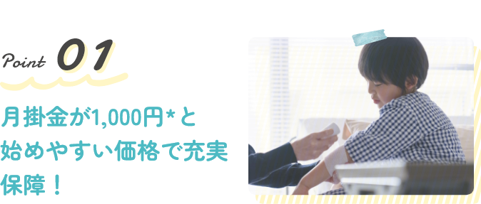 Point1 月掛金が1,000円*と始めやすい価格で充実保障！